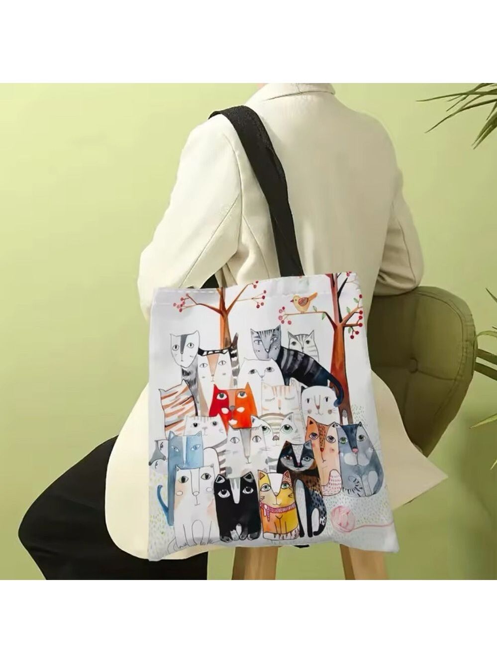 MANY-PAWS MULTI-CAT ARTISTIC FELINE CAT PRINT CANVAS GROCERY TOTE SHOPPING BAG - Picture 4 of 8